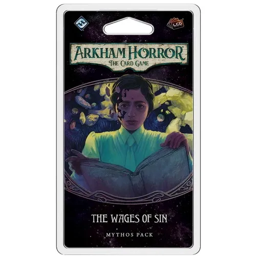 The Wages of Sin Mythos Pack for Arkham Horror LCG with a figure reading from a large book.
