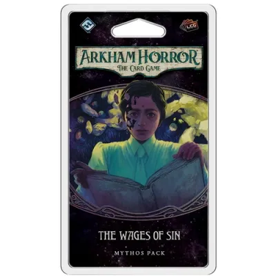 The Wages of Sin Mythos Pack for Arkham Horror LCG with a figure reading from a large book.