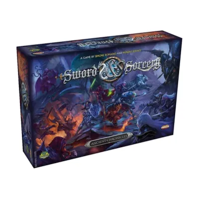 Sword &amp; Sorcery Ancient Chronicles core set box showing heroes fighting monsters in a dark fantasy battle.