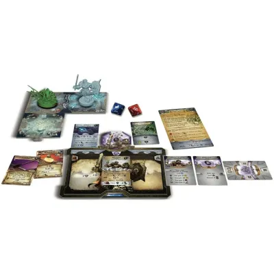 Sword &amp; Sorcery Ancient Chronicles gameplay setup with hero board, cards, map tiles, dice, and miniatures.