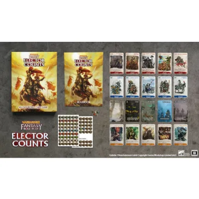 Warhammer Fantasy Roleplay Elector Counts card game components with cards, rules, tokens, and player aid.