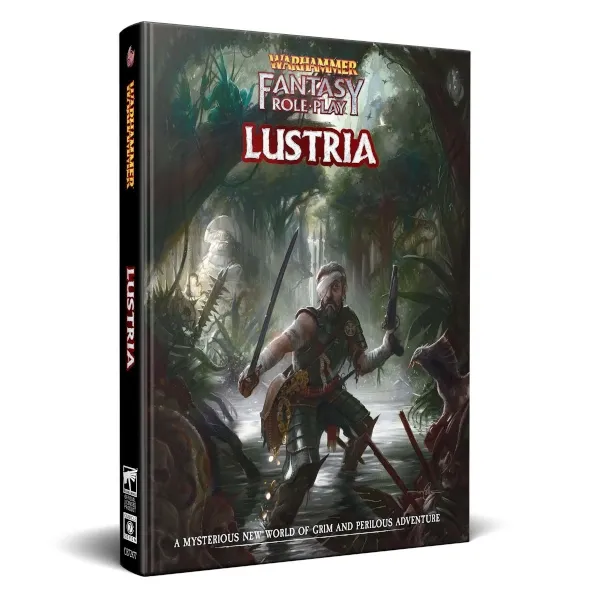 Warhammer Fantasy Roleplay: Lustria book cover with explorer facing jungle dangers and hidden temple ruins.