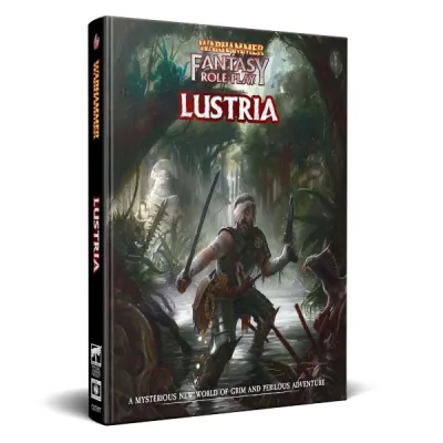 Warhammer Fantasy Roleplay: Lustria book cover with explorer facing jungle dangers and hidden temple ruins.