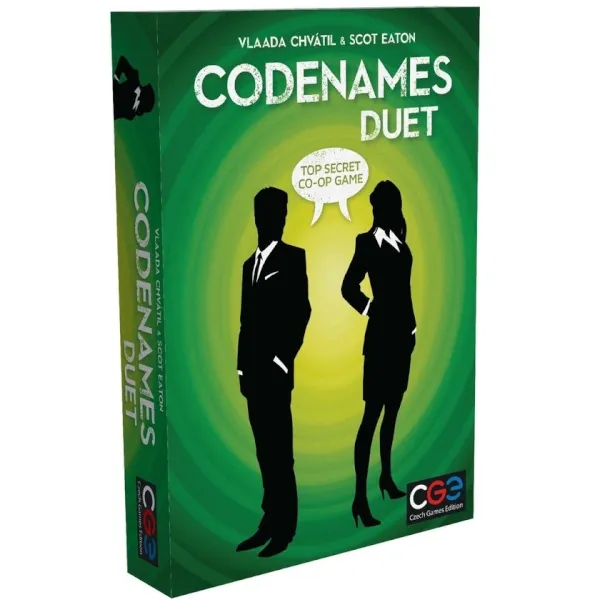 Codenames: Duet cooperative word game box with silhouetted agents on a green background.