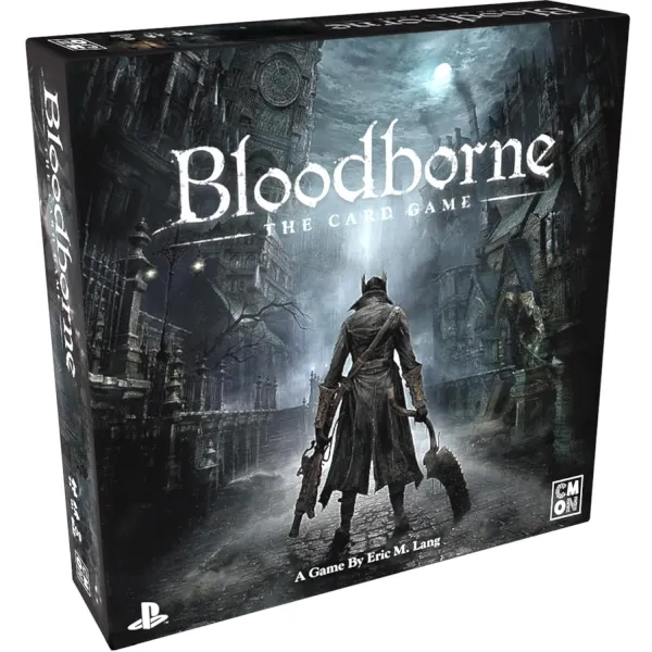 Bloodborne: The Card Game box front with a hunter standing in a dark gothic city street.