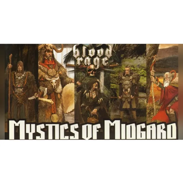 Blood Rage Mystics of Midgard expansion box showing five Viking mystic characters.