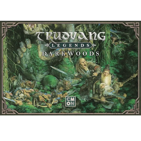 Trudvang Legends Darkwoods expansion box showing heroes fighting goblins and forest monsters.