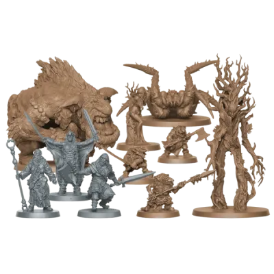 Trudvang Legends Darkwoods miniatures with heroes, trolls, spiders, goblins, and tree-like enemies.
