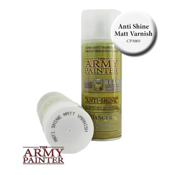 The Army Painter Anti-Shine Matt Varnish spray can for sealing painted miniatures with a matt finish.