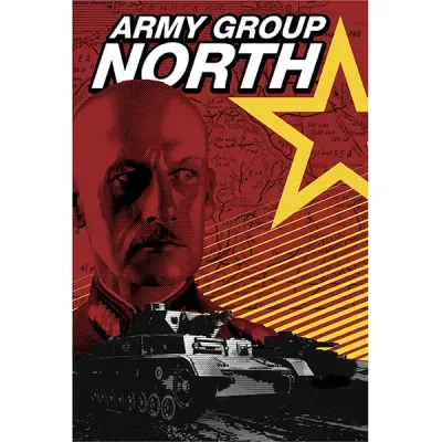 Army Group North box front showing a red commander portrait, German tanks and Soviet star design.