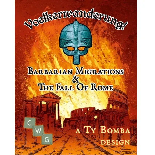 Voelkerwanderung! Barbarian Migrations &amp; The Fall of Rome game cover with helmet over burning Rome.