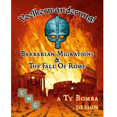 Voelkerwanderung! Barbarian Migrations &amp; The Fall of Rome game cover with helmet over burning Rome.