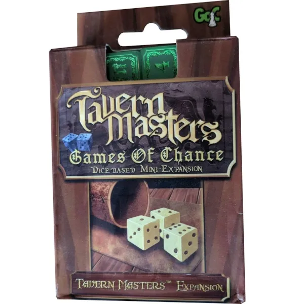 Tavern Masters Games of Chance mini-expansion pack with custom dice visible in the box.