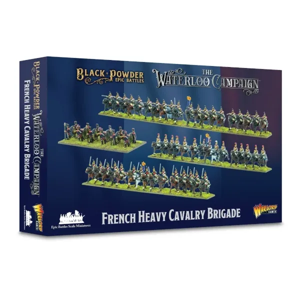 Black Powder Epic Battles French Heavy Cavalry Brigade box showing Waterloo Campaign cavalry miniatures.