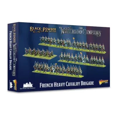 Black Powder Epic Battles French Heavy Cavalry Brigade box showing Waterloo Campaign cavalry miniatures.