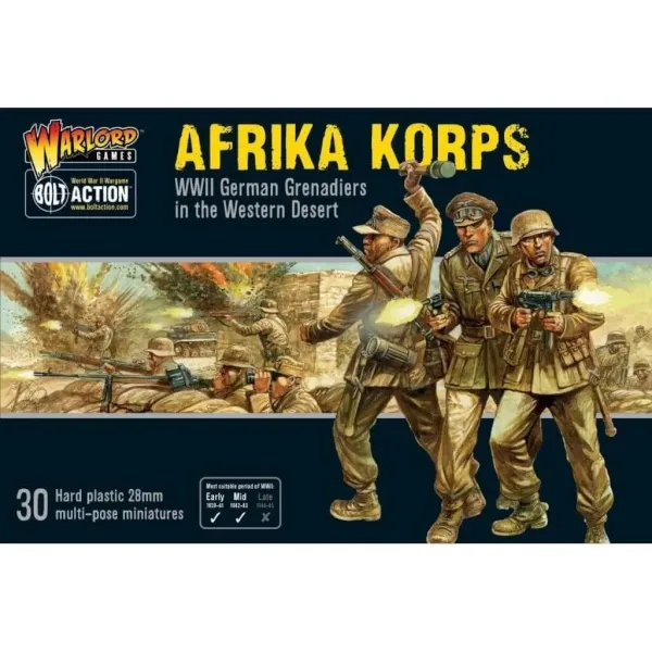 Bolt Action Afrika Korps box with German desert infantry advancing in battle.
