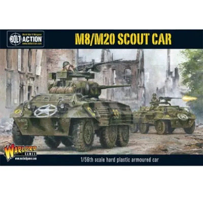 Bolt Action M8/M20 Scout Car box showing Allied armoured cars advancing through a ruined street.