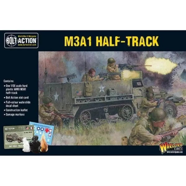 Bolt Action M3A1 Half-Track box showing a US armoured transport firing in combat with infantry nearby.