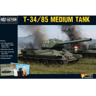 Bolt Action T-34/85 Medium Tank box with a Soviet tank advancing across a smoky battlefield.
