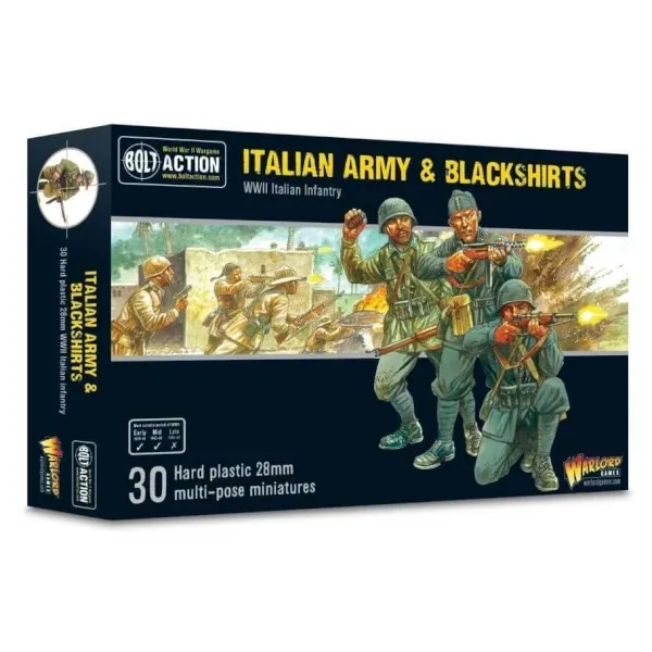 Bolt Action Italian Army &amp; Blackshirts box with Italian WWII infantry advancing in battle.