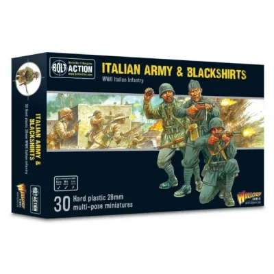 Bolt Action Italian Army &amp; Blackshirts box with Italian WWII infantry advancing in battle.