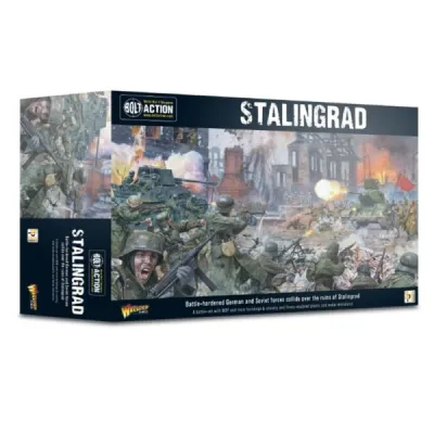 Bolt Action Stalingrad battle set box showing German and Soviet troops fighting among ruined city terrain.