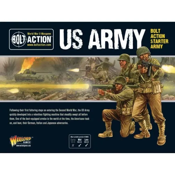 Bolt Action US Army Starter Army box with American soldiers firing in a WWII battlefield scene.