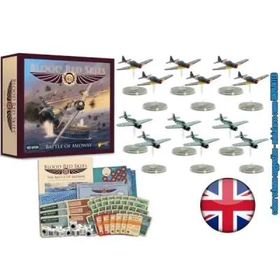 Blood Red Skies Battle of Midway Starter Set components with aircraft miniatures, cards, tokens, dice and rules.