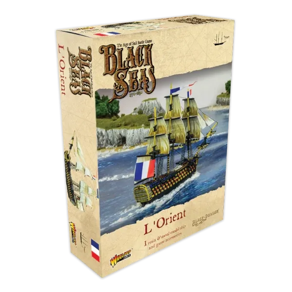 Black Seas L’Orient expansion box with the French 1st Rate flagship sailing near cliffs.