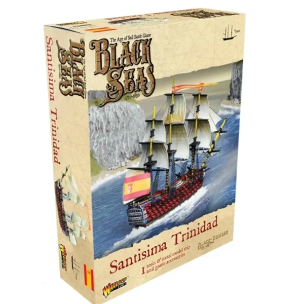 Black Seas Santisima Trinidad expansion box with the Spanish first-rate ship sailing near cliffs.