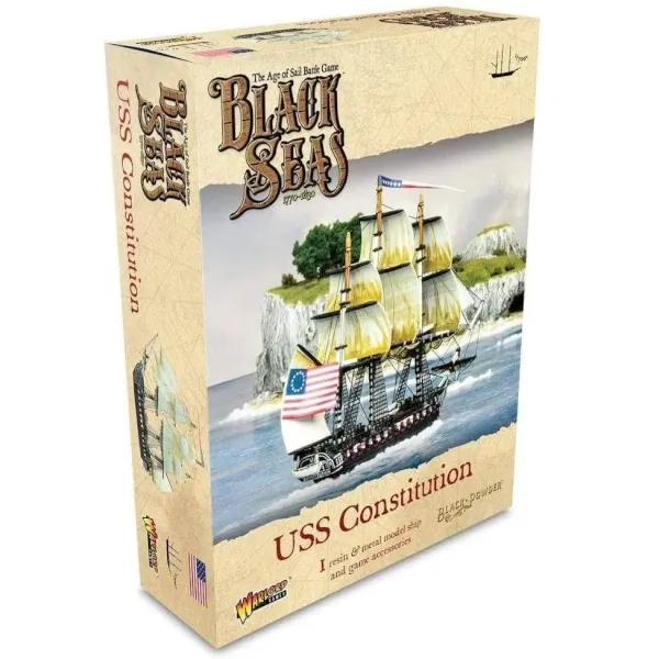 Black Seas USS Constitution expansion box with the American heavy frigate sailing near cliffs.