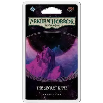 The Secret Name Mythos Pack for Arkham Horror LCG with purple spectral figures in a dark landscape.