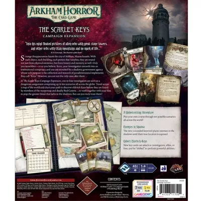 The Scarlet Keys Campaign Expansion box back showing Arkham Horror LCG scenario cards, map, and campaign details.