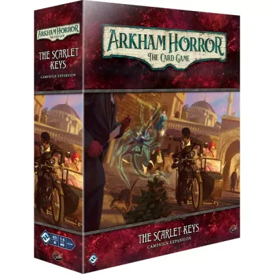 The Scarlet Keys Campaign Expansion box for Arkham Horror LCG with a motorcycle chase and spectral figure.