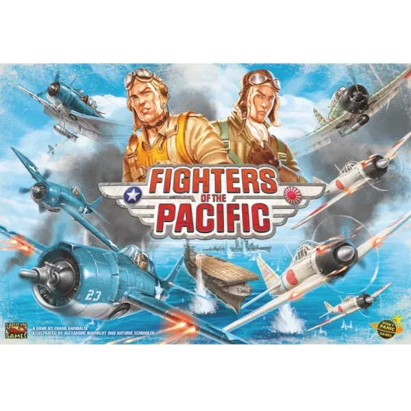 Fighters of the Pacific box front showing WWII Pacific aircraft, pilots and an aircraft carrier in battle.