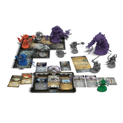 Sword &amp; Sorcery Immortal Souls gameplay setup with miniatures, map tiles, hero board, cards, and dice.