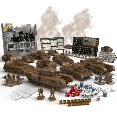 Company of Heroes British Player Set contents with British tanks, infantry, dice, cubes, cards, boards, and tokens.