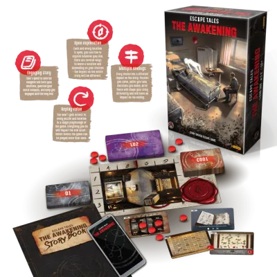 Escape Tales The Awakening components with box, cards, story book, app, tokens, and puzzle locations.