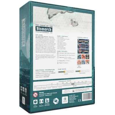 The Chase of the Bismarck box back with game description, contents, features, counter samples, and map preview.