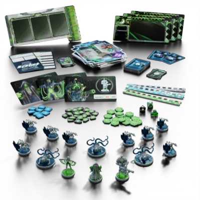 The Breach Erebus components with miniatures, boards, cards, rooms, tokens, dice, and team-mode pieces.