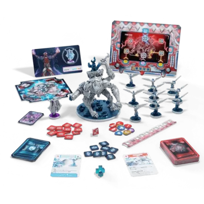 The Breach Prometheus expansion components showing Prometheus, Nero, Aithon miniatures, cards, board, room, die, and tokens.