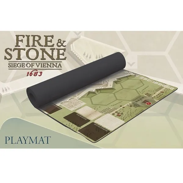 Fire &amp; Stone: Siege of Vienna 1683 playmat accessory shown partially rolled out with siege map artwork.