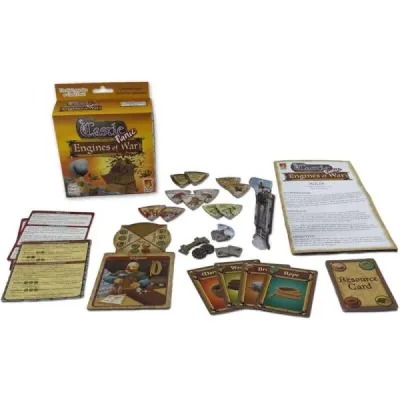 Castle Panic Engines of War expansion components with cards, tokens, rules, and cardboard pieces.