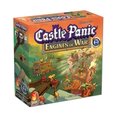 Castle Panic Engines of War expansion box showing siege engines attacking the castle.