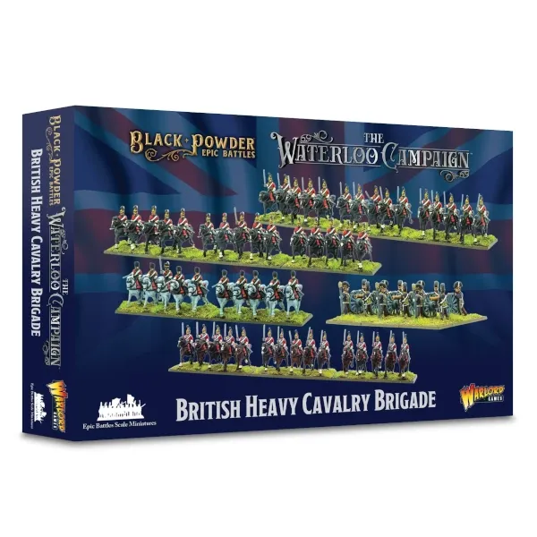 Black Powder Epic Battles British Heavy Cavalry Brigade box showing Waterloo Campaign cavalry miniatures.