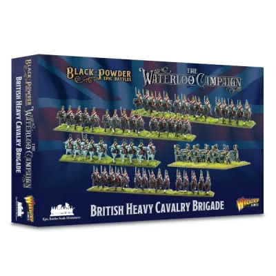 Black Powder Epic Battles British Heavy Cavalry Brigade box showing Waterloo Campaign cavalry miniatures.