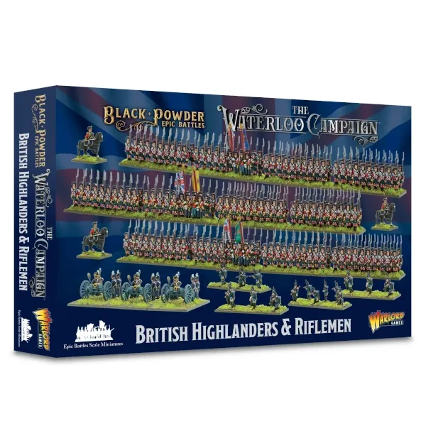 Black Powder Epic Battles British Highlanders &amp; Riflemen box showing Waterloo Campaign infantry miniatures.
