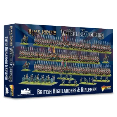 Black Powder Epic Battles British Highlanders &amp; Riflemen box showing Waterloo Campaign infantry miniatures.