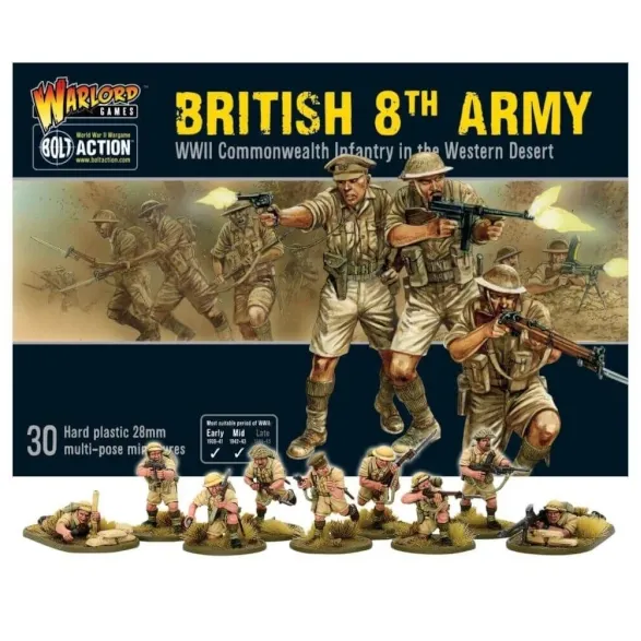 Bolt Action British 8th Army box showing Commonwealth desert infantry fighting in the Western Desert.