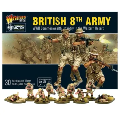Bolt Action British 8th Army box showing Commonwealth desert infantry fighting in the Western Desert.